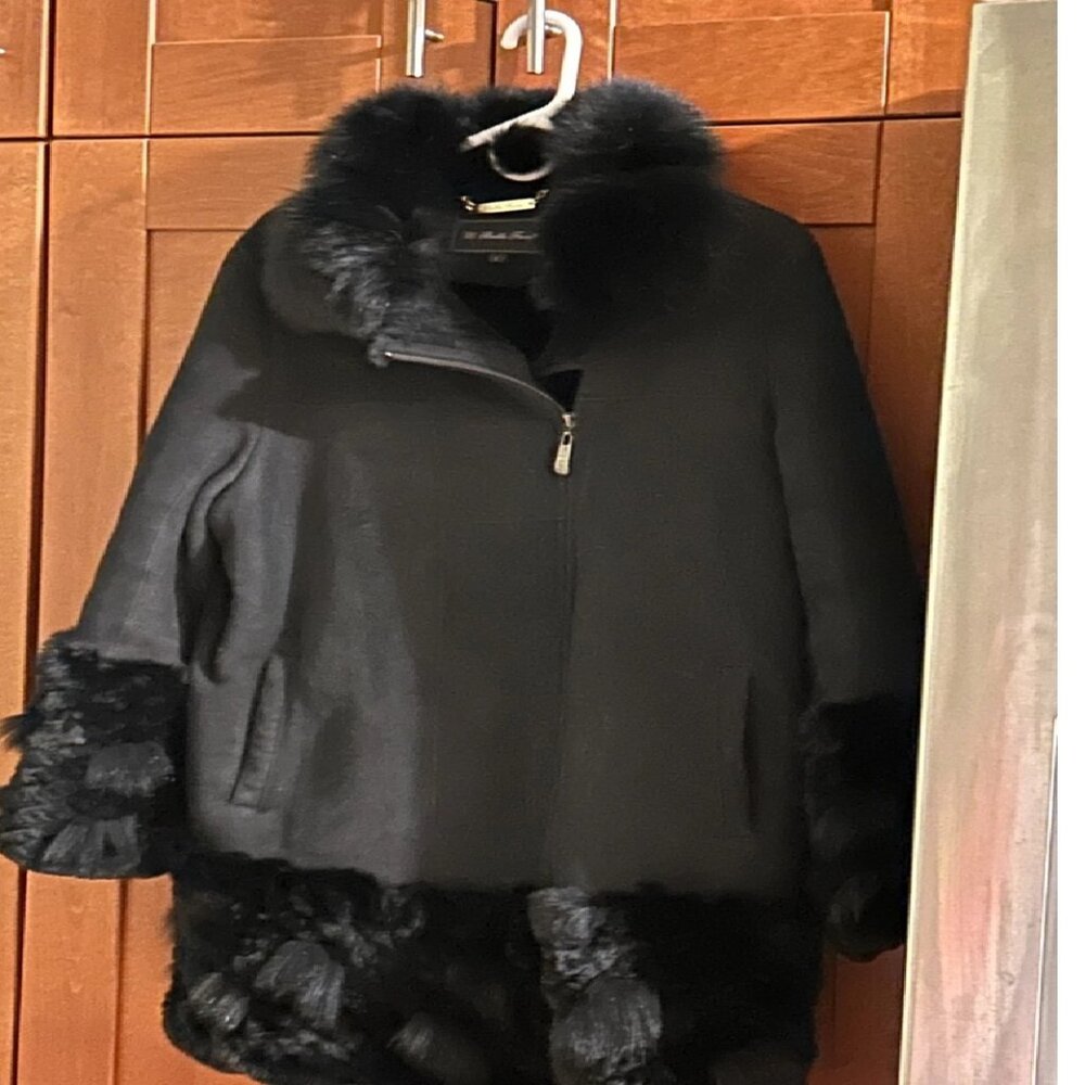 Belle Fare Black Italian Shearling Sz L Coat Fur Det Fox & Rabitt $1288